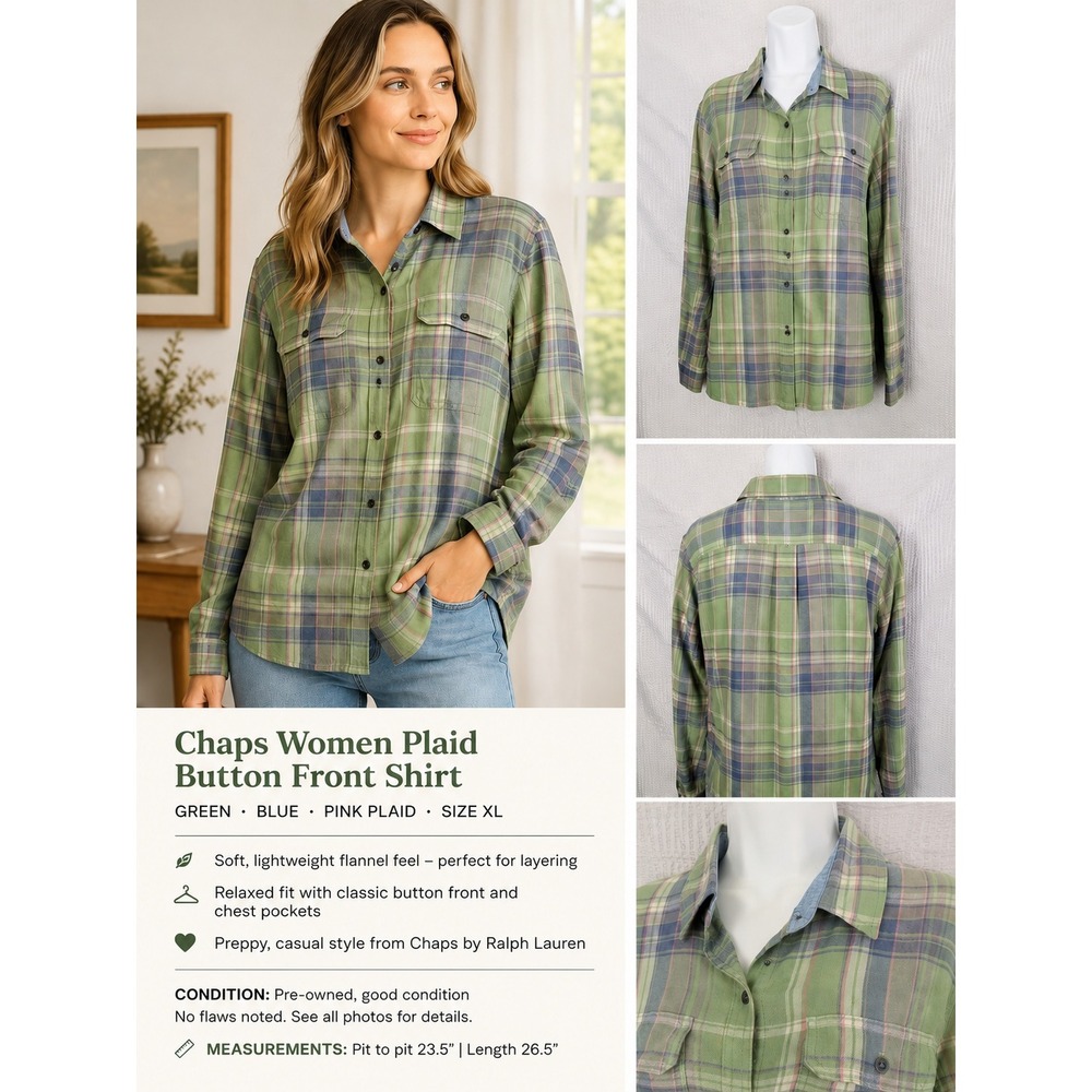 Chaps Plaid Button Up Shirt Womens XL Green Blue Pink Casual Lightweight Top